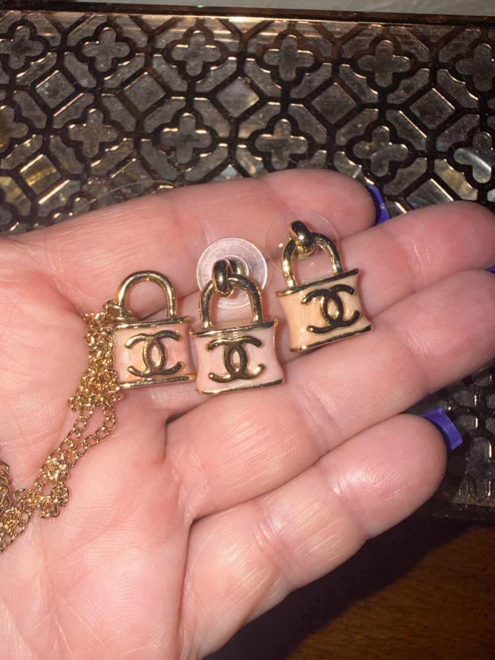 Chanel 2016 pink enamel Padlock Pendant Necklace and Earrings Set